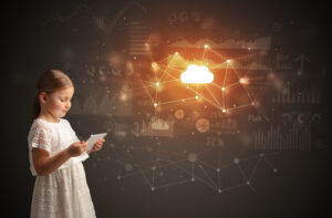 Concept image of a child using artificial intelligence to learn classroom material. 
