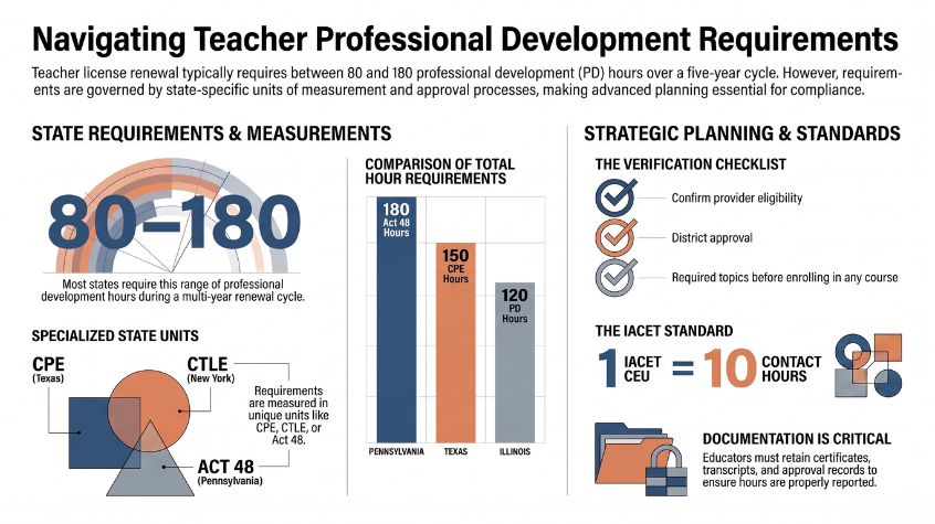 Infographic comparing teacher professional development requirements, state renewal hours, credit types, and planning guidelines.